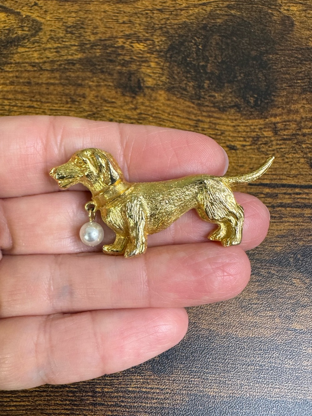 Vintage Gold Dachshund Brooch with Pearl Accent